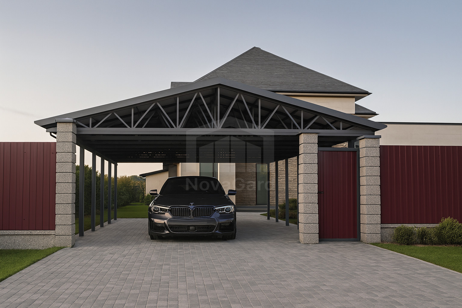 Двускатный навес для автомобиля 8×7,7 м из профнастила